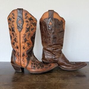 Corral Brown Leather Inlay Western Cowboy Boots Snip Toe Women 9.5M